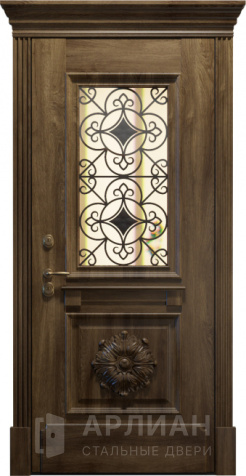 Фото «Кованная дверь коричневого цвета с патиной и витражом №27»